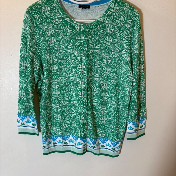 Talbots Sweaters - Talbots Petite Medium Green Abstract Floral Border Button Front Cardigan Sweater
